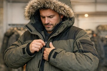 Obraz premium A person wearing a jacket with a hood on, possibly for warmth or protection