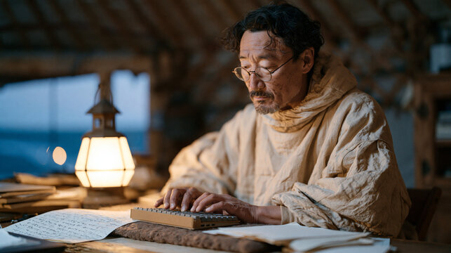 Mongolian journalist at a desk inside a traditional ger tent typing on a compact keyboard by lantern light, handwritten notes on felt mat, night outside, remote reporting, nomadic