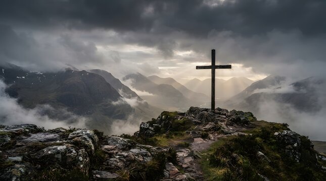 Cross on a rocky mountain peak