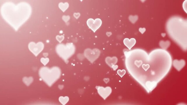 Abstract background featuring glowing white hearts floating on a soft red backdrop
