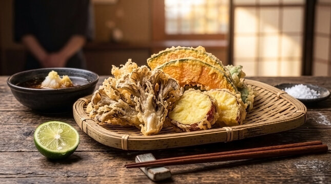 Cinematic Close-Up of Assorted Autumn Vegetable Tempura on Traditional Bamboo Zaru, Crispy Harvest Japanese Cuisine