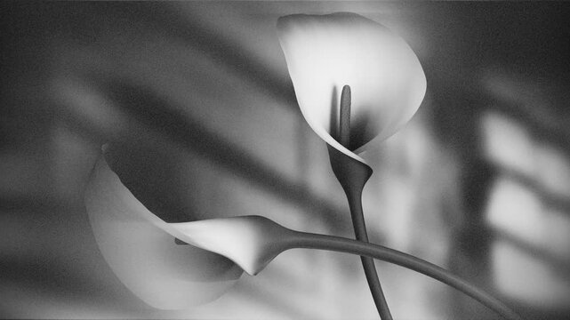 Two Elegant Calla Lilies Gently Moving and Blooming in Black and White, Minimalist Monochrome Floral Motion with Soft Blurred Background