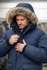 Fototapeta premium A person fixing his blue jacket, suitable for corporate or formal events