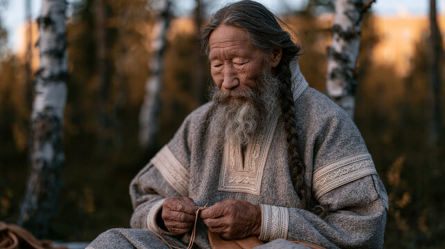 Sami reindeer herder in traditional embroidered clothing mending leather harness near a birch forest at twilight blue hour, weathered hands stitching, northern Scandinavia, autumn