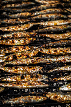 Grilled Sardines Close-Up on Charcoal BBQ &ndash; Traditional Spanish Seafood