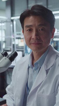 Vertical Screen. Confident Asian Male Scientist Sits Beside Optical Microscope, Looking at Camera in Portrait Pose Within Advanced Medical Research Laboratory. Physician Leads Drug Development.