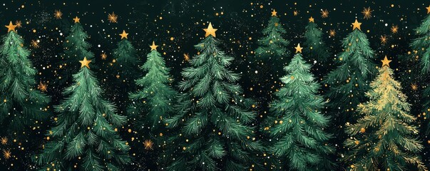 Fototapeta premium Festive pattern of green Christmas trees adorned with golden stars and sparkling lights, creating a magical holiday atmosphere