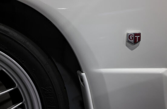 Perth, Western Australia, Australia - May 3 2026: Classic 1992 Nissan R32 Skyline GTR jdm performance car. White front fender panel, iconic red gt emblem badge. Wheel arch. Vintage Japanese sport auto