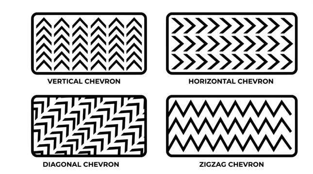 Collection of four distinct chevron pattern types labeled vertical horizontal diagonal zigzag with v shape geometry vertical