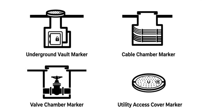 Underground utility access chamber and vault location markers with underground infrastructure location planning engineering