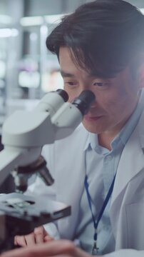 Vertical Screen. Concentrated Asian Male Scientist Prepares Specimen Slide and Peers Into Optical Microscope in Advanced Medical Research Lab. Physician Analyzes Samples for Drug Development.