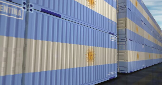 Argentina export production and import cargo containers in row seamless and loopable business concept. Argentinian flag industrial shipping box 3d loop.