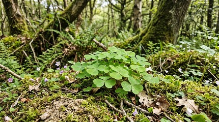 Fototapeta premium Close up of bright green clover leaves growing on a lush mossy forest floor among trees