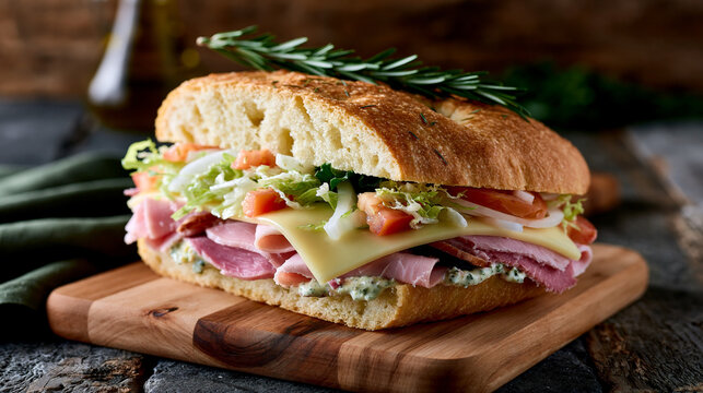 Freshly made sandwich with layers of ham, cheese, lettuce, and tomato served on a wooden cutting board with a sprig of rosemary and green napkin