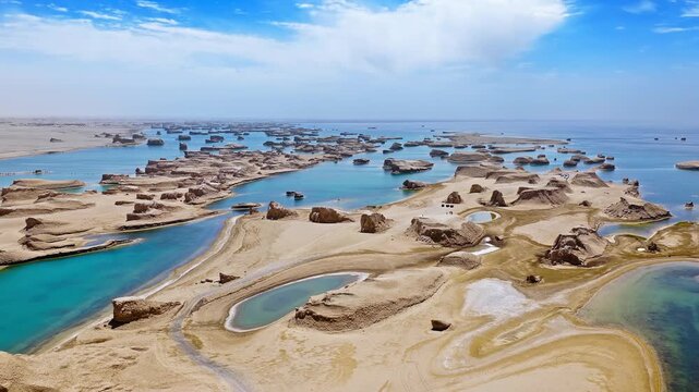 Wide-angle aerial view of the vast water yardang landforms in the Qinghai desert, China