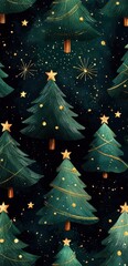 Fototapeta premium Seamless pattern of green Christmas trees with gold stars creating a festive holiday design