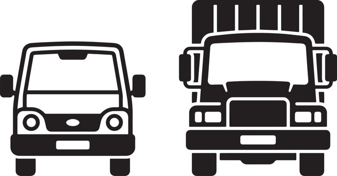 Commercial delivery truck and van icons, black and white vehicle front view silhouettes, logistics and transportation vector set