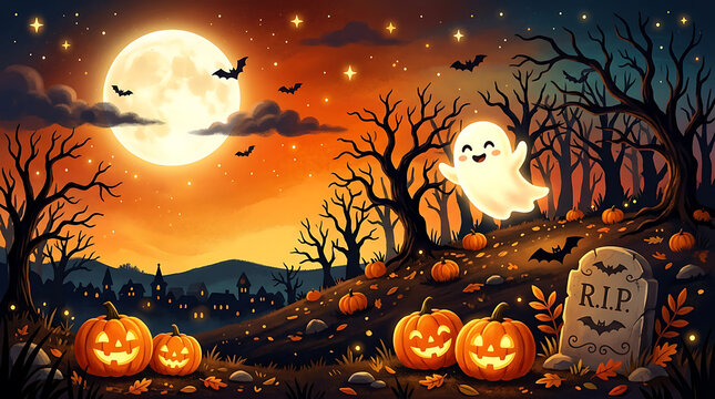 Cute ghost flying in a scary halloween graveyard at night