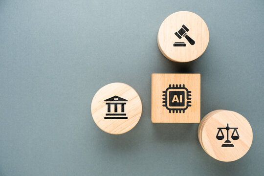 Artificial intelligence governance concept with legal, regulatory and ethical framework represented by wooden blocks