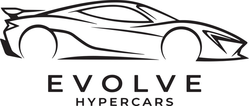 Modern hypercar logo design with EVOLVE HYPERCARS text, sleek sports car silhouette vector, minimalist automotive branding icon