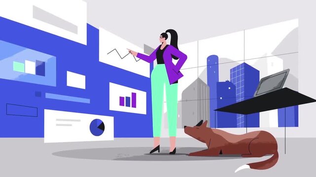 2D Animated Businesswoman Presenting Big Screen Marketing Analytics Panel Next to Digital Fox Character Flat Vector Animation Footage