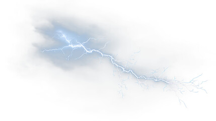 Blue and white lightning bolt striking through clouds with bright light and electrical energy on a clear background, light overlay, PNG © Liubov