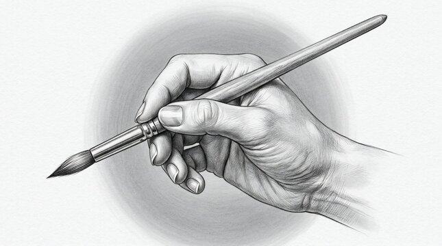 Hand holding a paintbrush pencil sketch