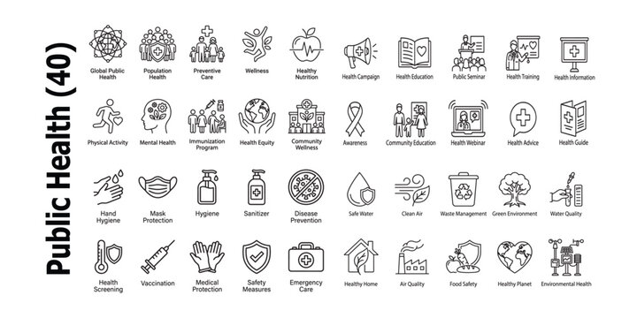 Public health icons set. Global wellness preventative medicine hygiene and healthcare concepts