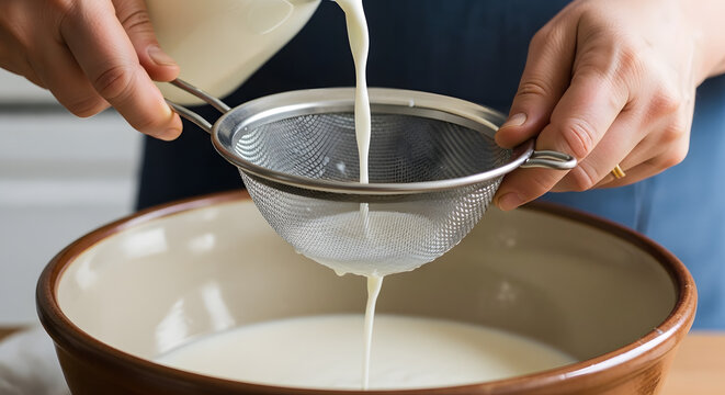 Hands pouring milk through a metal strainer into a ceramic bowl. Close up of food preparation and filtering liquid in a kitchen
