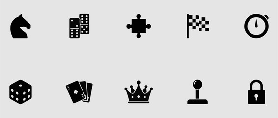 Collection of gaming and leisure strategy game icons with strategy silhouette entertainment dominoes stopwatch joystick competition © Dhriti Roy
