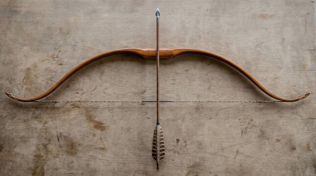 Traditional wooden bow and arrow on rustic wooden background