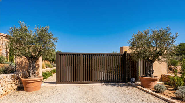 A contemporary sliding metal gate secures a luxury Mediterranean property entrance, flanked by mature potted olive trees. This bright and sunny exterior highlights modern landscaping and high-end.