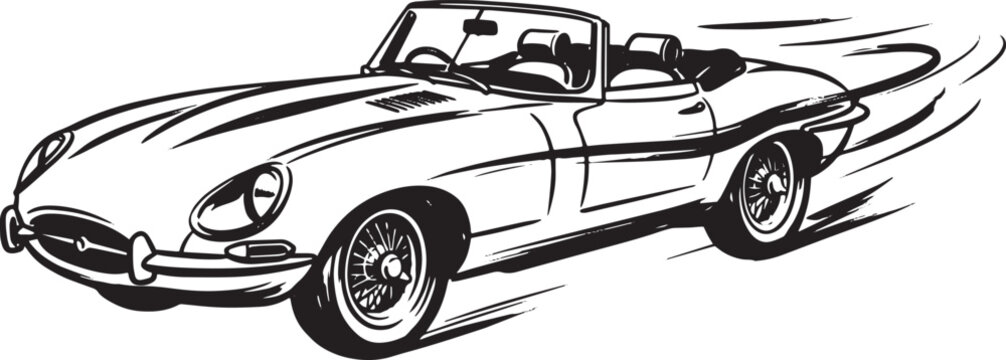 Vintage classic sports car vector illustration, retro convertible roadster with speed lines, black and white automotive line art for t-shirt design