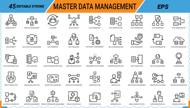Master data management vector line icons collection. business identity, data management, customer.