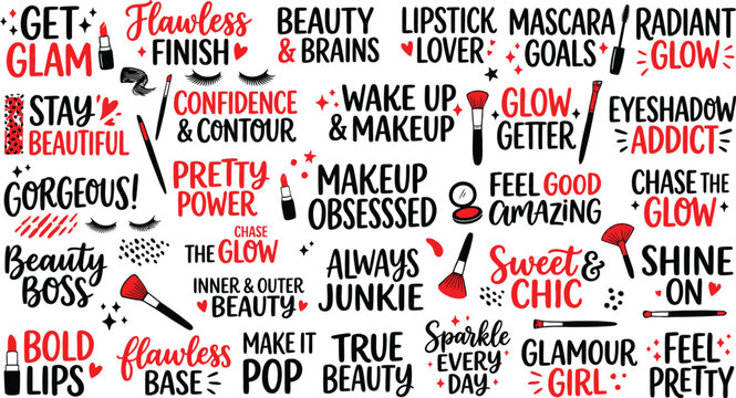Cosmetic typography collection beauty phrases makeup quotes isolated on transparent background