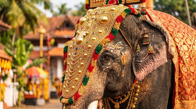 Close-up of a majestic temple elephant beautifully adorned with a traditional golden headwear nettipattam during a festival in Kerala