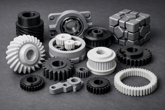 3D printed mechanical gears and components in grayscale layout concept. Ai generative