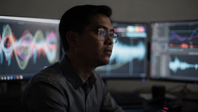Focused shot of a media compliance team member scrutinizing advertisement feed quality using detailed waveform scopes and timecode logs.