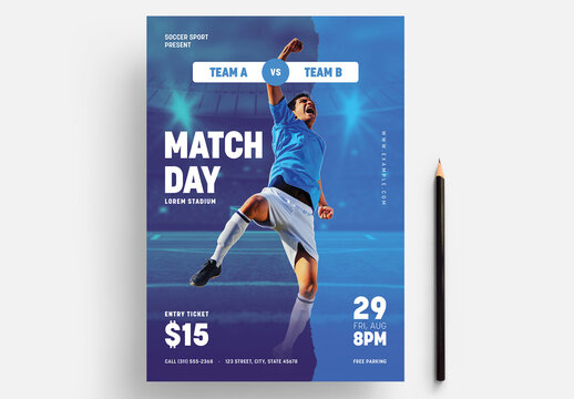 Soccer Flyer Layout with Blue Accents