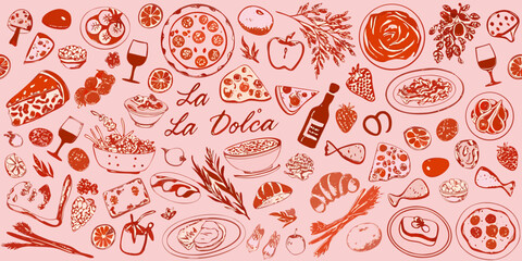 Fototapeta premium Italian Food Illustration With Pasta Pizza And Citrus Fruits