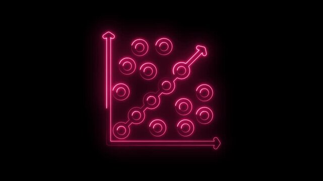 Neon pink glowing scatter plot graph with upward trending arrow showing growth and data points icon
