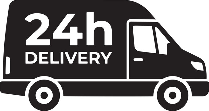 Black delivery van icon with 24h delivery text, express shipping truck vector, fast courier service transport symbol for logistics and e-commerce