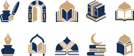 Islamic Library Icon Set with Holy Quran Books, Fountain Pens, Inkwells, Mosque Domes, Arched Doorways, and Crescent Moons for School Logo Designs © Md Shujan islam