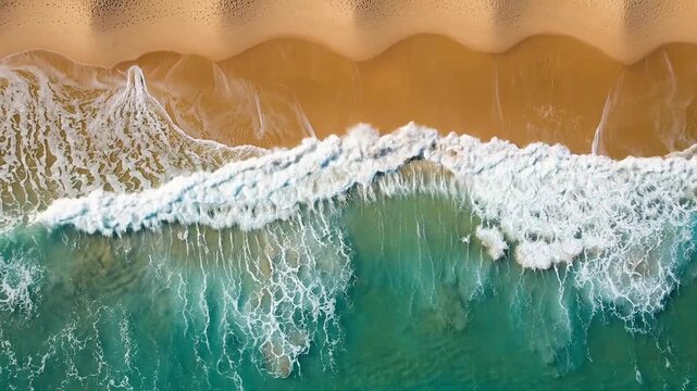 An aerial view of turquoise ocean waves crashing against a pristine sandy beach shoreline