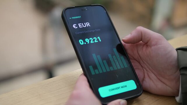 Mobile app in dark mode. User scrolls through currency pairs, taps GBP, and opens a detailed EUR view with a live bar chart. Perfect for traders, market analysts, and financial dashboards.