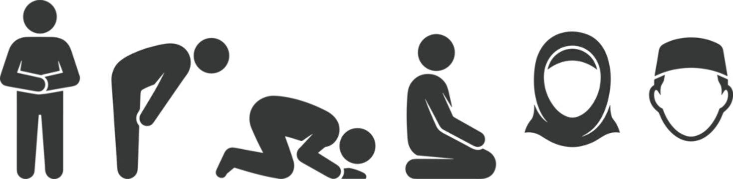 Islamic Namaz Prayer Position Icon Set with Muslim Pictograms Showing Ruku, Sujud, Standing, Sitting, Hijab Woman, and Kufi Man for Religious Guidance Layouts