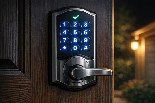 Close-up shot of a door handle with numeric keypad