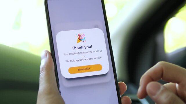 Mobile popup expressing gratitude for user feedback. Confetti and a Wonderful button celebrate the review inside a car. Perfect for customer appreciation, app loyalty, and engagement marketing.
