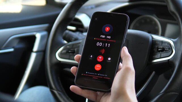 Cinematic shot of a secret agency call. UI shows recording in progress and secure connection alerts. Essential for news reports, political documentaries, and investigative journalism videos