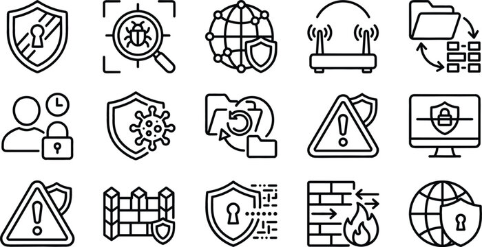 Cyber Security and Network Data Protection Line Icon Set Featuring Antivirus Shield, Malware Scan, Secure Router, Firewall, and Warning Alert Symbols